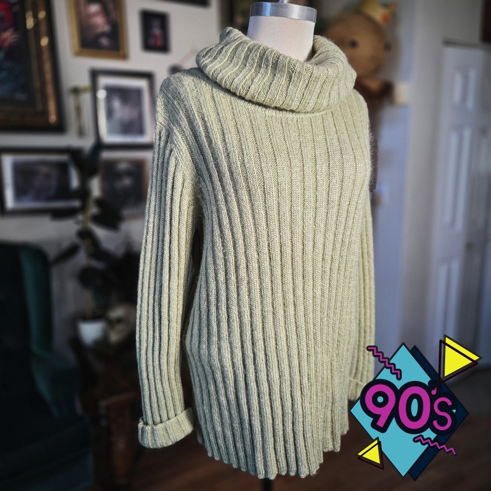 Jones New York Sport Sweater Vintage 90s Sage Green Mohair Ribbed Turtleneck L